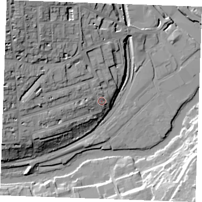 Shaded relief map of the ground around ME168ET, computed from Environment Agency LiDAR. The ground here sits at about 17 m above sea level and falls 40 m across the surrounding 800 m. Surface water reaching this point runs off ground lying to the west, 9.1 m higher.