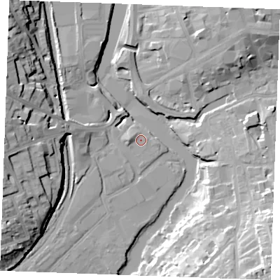 Shaded relief map of the ground around ME168EW, computed from Environment Agency LiDAR. The ground here sits at about 7 m above sea level and falls 26 m across the surrounding 800 m. Surface water reaching this point runs off ground lying to the west, 1.9 m higher.