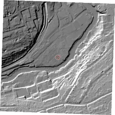 Shaded relief map of the ground around ME168FD, computed from Environment Agency LiDAR. The ground here sits at about 7 m above sea level and falls 36 m across the surrounding 800 m. Surface water reaching this point runs off ground lying to the north-north-east, 1.5 m higher.