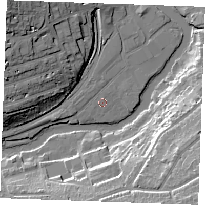 Shaded relief map of the ground around ME168FE, computed from Environment Agency LiDAR. The ground here sits at about 8 m above sea level and falls 33 m across the surrounding 800 m. Surface water reaching this point runs off ground lying to the west-south-west, 0.6 m higher.