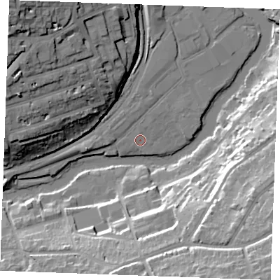 Shaded relief map of the ground around ME168FF, computed from Environment Agency LiDAR. The ground here sits at about 7 m above sea level and falls 33 m across the surrounding 800 m. Surface water reaching this point runs off ground lying to the north-north-west, 0.7 m higher.