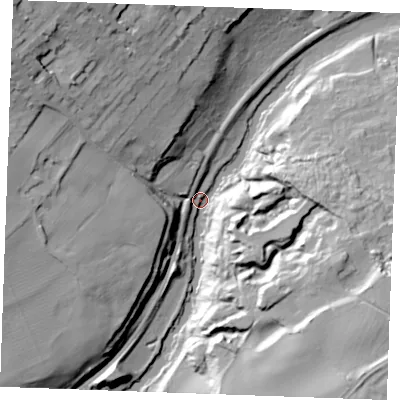 Shaded relief map of the ground around ME168FT, computed from Environment Agency LiDAR. The ground here sits at about 6 m above sea level and falls 46 m across the surrounding 800 m. Surface water reaching this point runs off ground lying to the north-west, 45.9 m higher.