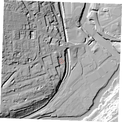 Shaded relief map of the ground around ME168FY, computed from Environment Agency LiDAR. The ground here sits at about 16 m above sea level and falls 40 m across the surrounding 800 m. Surface water reaching this point runs off ground lying to the west-north-west, 7.0 m higher.