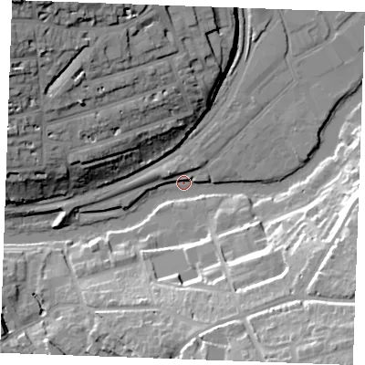 Shaded relief map of the ground around ME168GB, computed from Environment Agency LiDAR. The ground here sits at about 5 m above sea level and falls 34 m across the surrounding 800 m. Surface water reaching this point runs off ground lying to the south-east, 32.2 m higher.