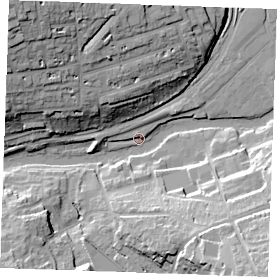 Shaded relief map of the ground around ME168GD, computed from Environment Agency LiDAR. The ground here sits at about 5 m above sea level and falls 35 m across the surrounding 800 m. Surface water reaching this point runs off ground lying to the north-west, 34.5 m higher.
