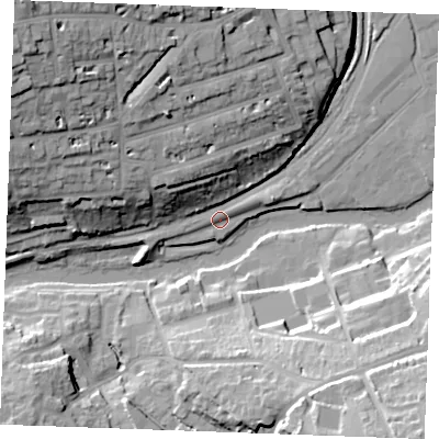Shaded relief map of the ground around ME168GF, computed from Environment Agency LiDAR. The ground here sits at about 9 m above sea level and falls 36 m across the surrounding 800 m. Surface water reaching this point runs off ground lying to the north-west, 30.6 m higher.