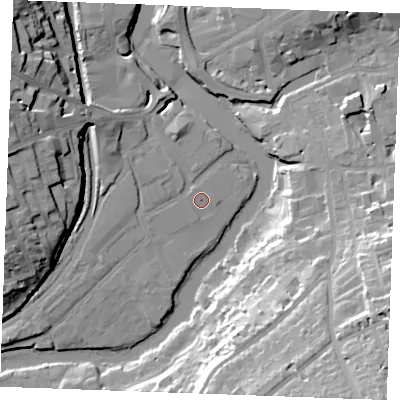 Shaded relief map of the ground around ME168LW, computed from Environment Agency LiDAR. The ground here sits at about 7 m above sea level and falls 32 m across the surrounding 800 m. Surface water reaching this point runs off ground lying to the north-north-west, 0.9 m higher.