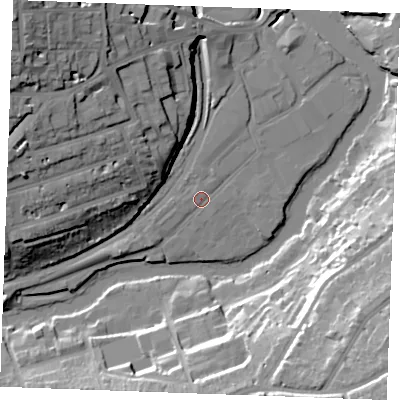 Shaded relief map of the ground around ME168LZ, computed from Environment Agency LiDAR. The ground here sits at about 8 m above sea level and falls 33 m across the surrounding 800 m. Surface water reaching this point runs off ground lying to the north-west, 28.7 m higher.