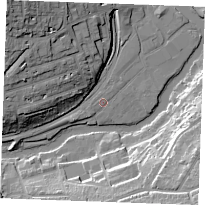 Shaded relief map of the ground around ME168NF, computed from Environment Agency LiDAR. The ground here sits at about 8 m above sea level and falls 34 m across the surrounding 800 m. Surface water reaching this point runs off ground lying to the north, 0.6 m higher.