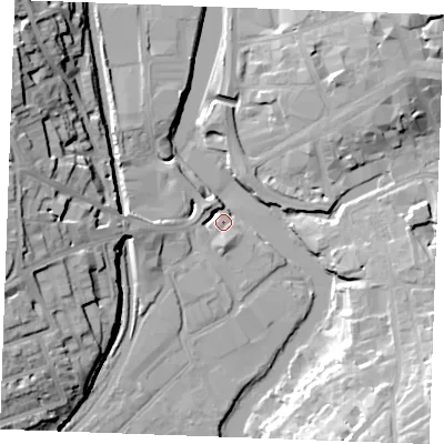 Shaded relief map of the ground around ME168PB, computed from Environment Agency LiDAR. The ground here sits at about 6 m above sea level and falls 26 m across the surrounding 800 m. Surface water reaching this point runs off ground lying to the west-north-west, 25.3 m higher.