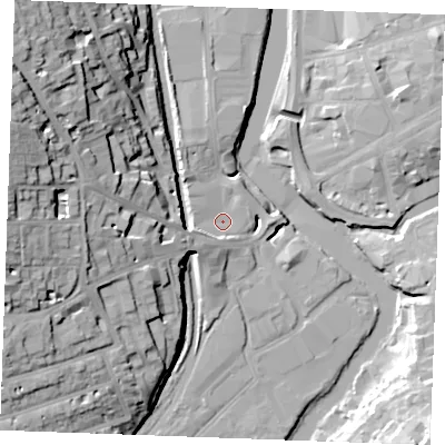 Shaded relief map of the ground around ME168PS, computed from Environment Agency LiDAR. The ground here sits at about 8 m above sea level and falls 35 m across the surrounding 800 m. Surface water reaching this point runs off ground lying to the west-north-west, 27.6 m higher.
