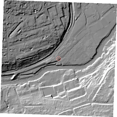 Shaded relief map of the ground around ME168QG, computed from Environment Agency LiDAR. The ground here sits at about 9 m above sea level and falls 34 m across the surrounding 800 m. Surface water reaching this point runs off ground lying to the north-north-east, 1.7 m higher.