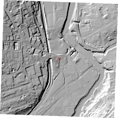 Shaded relief map of the ground around ME168QX, computed from Environment Agency LiDAR. The ground here sits at about 10 m above sea level and falls 34 m across the surrounding 800 m. Surface water reaching this point runs off ground lying to the west, 5.5 m higher.