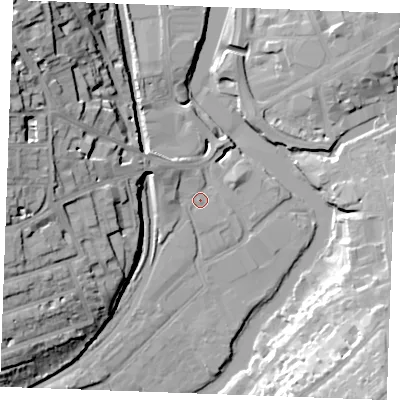 Shaded relief map of the ground around ME168RA, computed from Environment Agency LiDAR. The ground here sits at about 8 m above sea level and falls 31 m across the surrounding 800 m. Surface water reaching this point runs off ground lying to the west-north-west, 6.6 m higher.