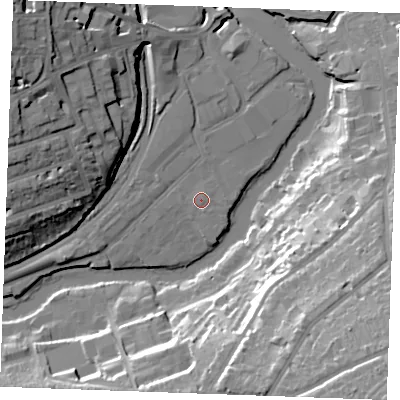 Shaded relief map of the ground around ME168RB, computed from Environment Agency LiDAR. The ground here sits at about 8 m above sea level and falls 35 m across the surrounding 800 m. The ground contributing surface water to this point lies to the north-east.