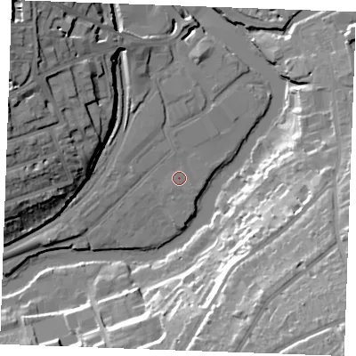 Shaded relief map of the ground around ME168RD, computed from Environment Agency LiDAR. The ground here sits at about 7 m above sea level and falls 35 m across the surrounding 800 m. Surface water reaching this point runs off ground lying to the north-west, 21.5 m higher.