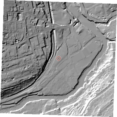 Shaded relief map of the ground around ME168RF, computed from Environment Agency LiDAR. The ground here sits at about 8 m above sea level and falls 35 m across the surrounding 800 m. Surface water reaching this point runs off ground lying to the west-north-west, 27.0 m higher.