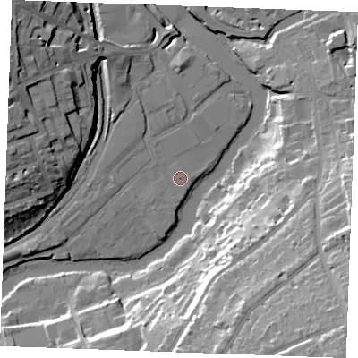 Shaded relief map of the ground around ME168RG, computed from Environment Agency LiDAR. The ground here sits at about 7 m above sea level and falls 35 m across the surrounding 800 m. The ground contributing surface water to this point lies to the south-south-west.