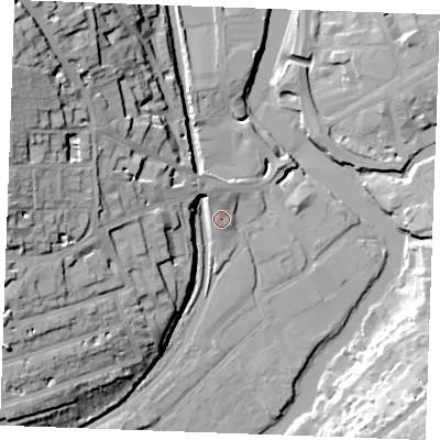 Shaded relief map of the ground around ME168RJ, computed from Environment Agency LiDAR. The ground here sits at about 11 m above sea level and falls 36 m across the surrounding 800 m. Surface water reaching this point runs off ground lying to the north-north-west, 2.3 m higher.