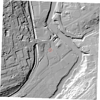 Shaded relief map of the ground around ME168RQ, computed from Environment Agency LiDAR. The ground here sits at about 7 m above sea level and falls 30 m across the surrounding 800 m. Surface water reaching this point runs off ground lying to the west-north-west, 6.7 m higher.