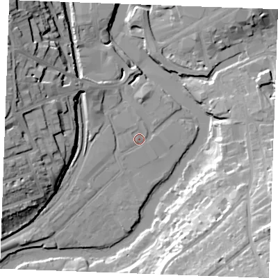 Shaded relief map of the ground around ME168SF, computed from Environment Agency LiDAR. The ground here sits at about 7 m above sea level and falls 29 m across the surrounding 800 m. Surface water reaching this point runs off ground lying to the west-north-west, 1.9 m higher.