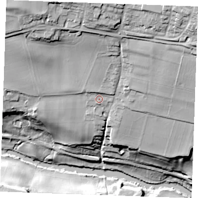 Shaded relief map of the ground around ME169HA, computed from Environment Agency LiDAR. The ground here sits at about 32 m above sea level and falls 56 m across the surrounding 800 m. Surface water reaching this point runs off ground lying to the north, 16.5 m higher.