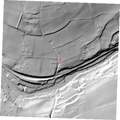 Shaded relief map of the ground around ME169LY, computed from Environment Agency LiDAR. The ground here sits at about 21 m above sea level and falls 44 m across the surrounding 800 m. Surface water reaching this point runs off ground lying to the north-north-west, 28.6 m higher.