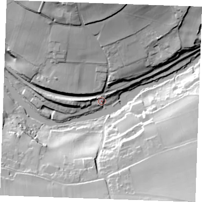 Shaded relief map of the ground around ME169NB, computed from Environment Agency LiDAR. The ground here sits at about 9 m above sea level and falls 43 m across the surrounding 800 m. Surface water reaching this point runs off ground lying to the north-west, 15.9 m higher.