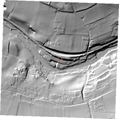 Shaded relief map of the ground around ME169ND, computed from Environment Agency LiDAR. The ground here sits at about 11 m above sea level and falls 42 m across the surrounding 800 m. Surface water reaching this point runs off ground lying to the north-north-east, 8.3 m higher.
