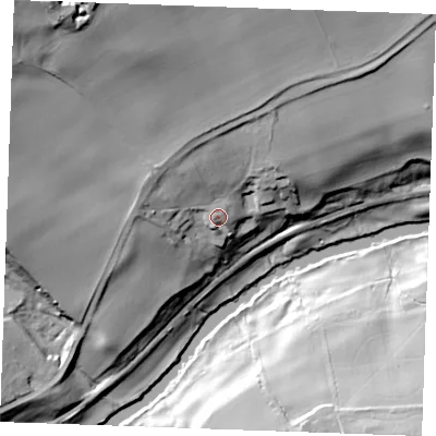 Shaded relief map of the ground around ME169NJ, computed from Environment Agency LiDAR. The ground here sits at about 25 m above sea level and falls 53 m across the surrounding 800 m. Surface water reaching this point runs off ground lying to the north-west, 8.6 m higher.