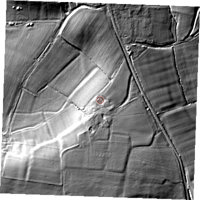 Shaded relief map of the ground around ME174AU, computed from Environment Agency LiDAR. The ground here sits at about 31 m above sea level and falls 18 m across the surrounding 800 m. Surface water reaching this point runs off ground lying to the north-east, 2.9 m higher.