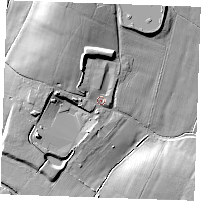 Shaded relief map of the ground around ME174BA, computed from Environment Agency LiDAR. The ground here sits at about 23 m above sea level and falls 23 m across the surrounding 800 m. Surface water reaching this point runs off ground lying to the north-north-west, 13.3 m higher.