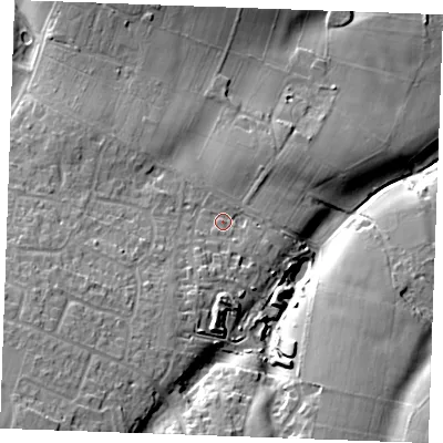Shaded relief map of the ground around ME174UB, computed from Environment Agency LiDAR. The ground here sits at about 105 m above sea level and falls 36 m across the surrounding 800 m. Surface water reaching this point runs off ground lying to the south-south-west, 12.6 m higher.