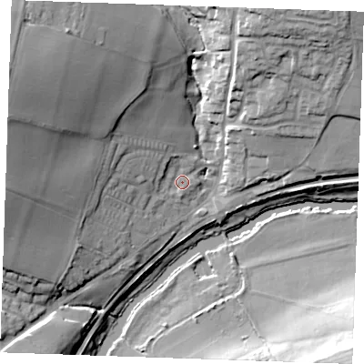Shaded relief map of the ground around ME185AB, computed from Environment Agency LiDAR. The ground here sits at about 14 m above sea level and falls 33 m across the surrounding 800 m. Surface water reaching this point runs off ground lying to the west-north-west, 24.2 m higher.