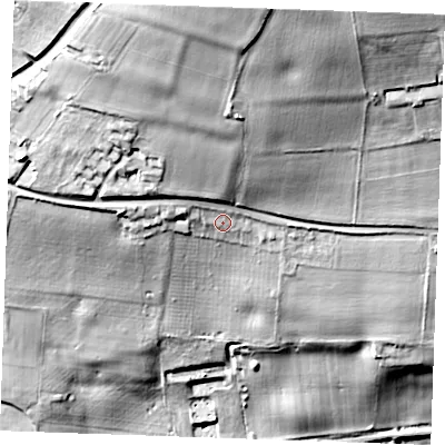Shaded relief map of the ground around ME185BT, computed from Environment Agency LiDAR. The ground here sits at about 38 m above sea level and falls 59 m across the surrounding 800 m. Surface water reaching this point runs off ground lying to the north, 30.1 m higher.