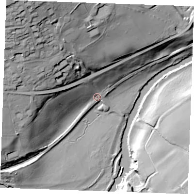 Shaded relief map of the ground around ME185BX, computed from Environment Agency LiDAR. The ground here sits at about 12 m above sea level and falls 55 m across the surrounding 800 m. Surface water reaching this point runs off ground lying to the north-west, 47.9 m higher.