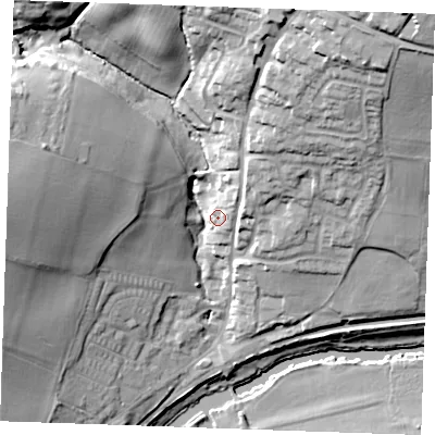 Shaded relief map of the ground around ME185DS, computed from Environment Agency LiDAR. The ground here sits at about 18 m above sea level and falls 39 m across the surrounding 800 m. Surface water reaching this point runs off ground lying to the north-east, 27.2 m higher.