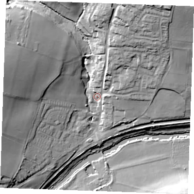 Shaded relief map of the ground around ME185DX, computed from Environment Agency LiDAR. The ground here sits at about 14 m above sea level and falls 33 m across the surrounding 800 m. Surface water reaching this point runs off ground lying to the north-north-east, 20.2 m higher.