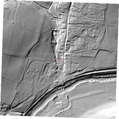 Shaded relief map of the ground around ME185DY, computed from Environment Agency LiDAR. The ground here sits at about 12 m above sea level and falls 31 m across the surrounding 800 m. Surface water reaching this point runs off ground lying to the west-north-west, 25.7 m higher.