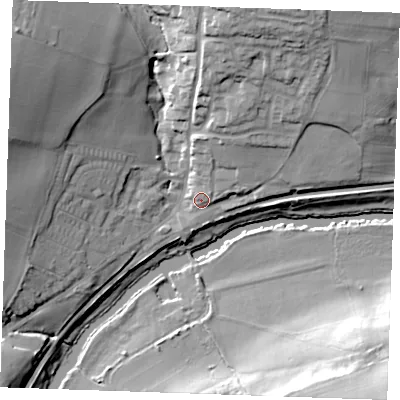 Shaded relief map of the ground around ME185EA, computed from Environment Agency LiDAR. The ground here sits at about 14 m above sea level and falls 29 m across the surrounding 800 m. Surface water reaching this point runs off ground lying to the north-west, 24.5 m higher.
