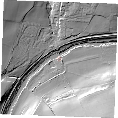 Shaded relief map of the ground around ME185ED, computed from Environment Agency LiDAR. The ground here sits at about 9 m above sea level and falls 39 m across the surrounding 800 m. Surface water reaching this point runs off ground lying to the south-south-east, 33.0 m higher.