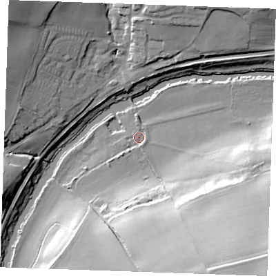 Shaded relief map of the ground around ME185EF, computed from Environment Agency LiDAR. The ground here sits at about 10 m above sea level and falls 45 m across the surrounding 800 m. Surface water reaching this point runs off ground lying to the south-east, 40.2 m higher.