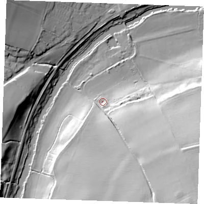 Shaded relief map of the ground around ME185EG, computed from Environment Agency LiDAR. The ground here sits at about 14 m above sea level and falls 51 m across the surrounding 800 m. Surface water reaching this point runs off ground lying to the south-east, 42.9 m higher.