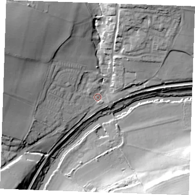 Shaded relief map of the ground around ME185EH, computed from Environment Agency LiDAR. The ground here sits at about 12 m above sea level and falls 32 m across the surrounding 800 m. Surface water reaching this point runs off ground lying to the west-north-west, 21.6 m higher.