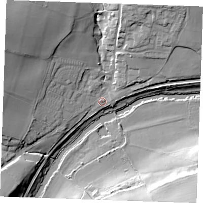 Shaded relief map of the ground around ME185GA, computed from Environment Agency LiDAR. The ground here sits at about 13 m above sea level and falls 32 m across the surrounding 800 m. Surface water reaching this point runs off ground lying to the north-west, 27.2 m higher.