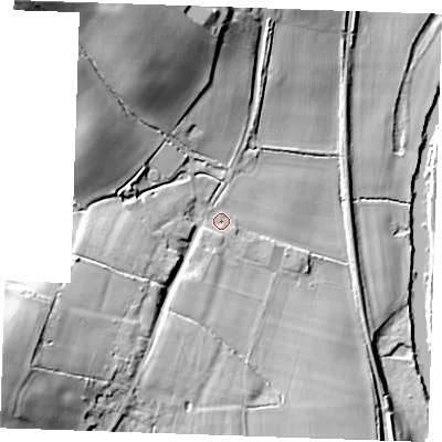 Shaded relief map of the ground around ME185HD, computed from Environment Agency LiDAR. The ground here sits at about 16 m above sea level and falls 30 m across the surrounding 800 m. Surface water reaching this point runs off ground lying to the south-west, 21.3 m higher.