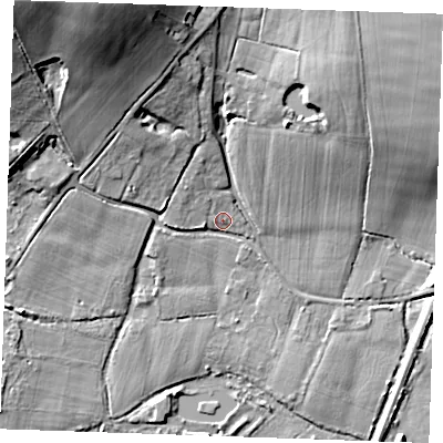 Shaded relief map of the ground around ME185HN, computed from Environment Agency LiDAR. The ground here sits at about 14 m above sea level and falls 27 m across the surrounding 800 m. Surface water reaching this point runs off ground lying to the north-west, 24.6 m higher.