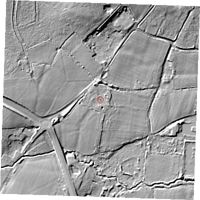 Shaded relief map of the ground around ME185HR, computed from Environment Agency LiDAR. The ground here sits at about 15 m above sea level and falls 15 m across the surrounding 800 m. Surface water reaching this point runs off ground lying to the north-north-west, 1.8 m higher.