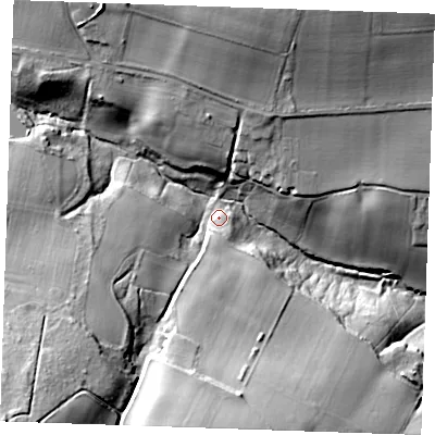 Shaded relief map of the ground around ME185HZ, computed from Environment Agency LiDAR. The ground here sits at about 42 m above sea level and falls 43 m across the surrounding 800 m. Surface water reaching this point runs off ground lying to the south-west, 36.3 m higher.