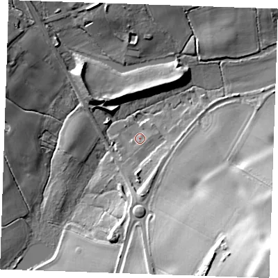 Shaded relief map of the ground around ME185JG, computed from Environment Agency LiDAR. The ground here sits at about 55 m above sea level and falls 40 m across the surrounding 800 m. Surface water reaching this point runs off ground lying to the south-south-east, 1.6 m higher.